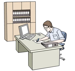 Illustration eines Mannes, der an einem Schreibtisch sitzt und Notizen macht. Auf dem Tisch befinden sich ein Computer, ein Ordner und Schreibutensilien. Im Hintergrund ist ein Regal mit Aktenordnern zu sehen.