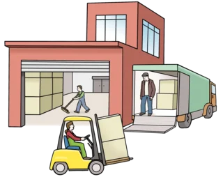 Illustration eines Lagergebäudes mit Personen, die Waren transportieren. Eine Person fährt einen Gabelstapler, eine andere lädt Kisten in einen Lastwagen.