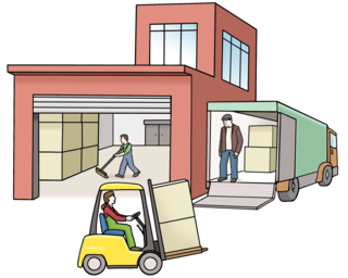 Illustration eines Lagergebäudes mit Personen, die Waren transportieren. Eine Person fährt einen Gabelstapler, eine andere lädt Kisten in einen Lastwagen.