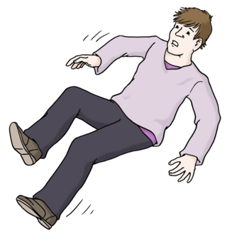 Illustration einer Person, die rücklings auf dem Boden liegt, mit besorgtem Gesichtsausdruck und erhobenen Händen, als ob sie sich abstützen möchte.