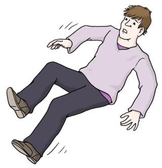 Illustration einer Person, die rücklings auf dem Boden liegt, mit besorgtem Gesichtsausdruck und erhobenen Händen, als ob sie sich abstützen möchte.