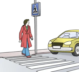 Illustration einer Person, die an einem Fussgängerstreifen über die Strasse geht. Ein gelbes Auto nähert sich, und ein Verkehrsschild für einen Fussgängerüberweg ist sichtbar.