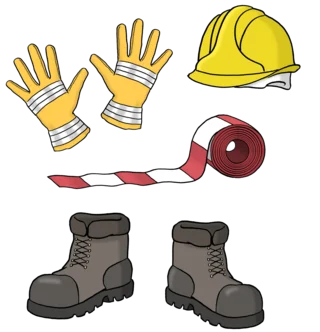 Darstellung von Sicherheitsausrüstung: gelbe Arbeitshandschuhe, ein gelber Schutzhelm, rot-weisses Absperrband und schwarze Arbeitsschuhe.