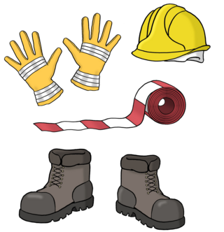 Darstellung von Sicherheitsausrüstung: gelbe Arbeitshandschuhe, ein gelber Schutzhelm, rot-weisses Absperrband und schwarze Arbeitsschuhe.