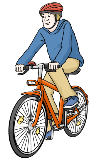 Illustration eines Mannes auf einem orangefarbenen Fahrrad. Er trägt einen roten Helm und blaue Kleidung.