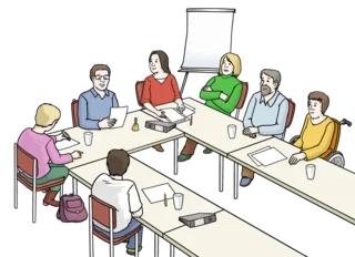 Illustration einer Gruppe von Personen in einem Besprechungsraum. Eine Person steht und hält einen Vortrag, während die anderen an Tischen sitzen und zuhören.